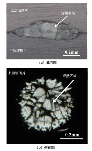 圖 6. 微分干涉差顯微鏡下的焊接區(qū)域微觀形貌（基片預(yù)熱溫度 293K，脈沖寬度 7.5ms，光束能量為 2.3J/ 脈沖）。