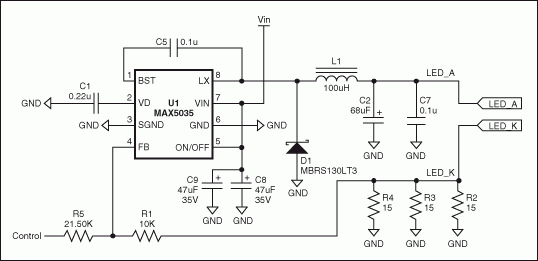 基于固定頻率、高集成度PWM開關(guān)轉(zhuǎn)換器MAX5035的高亮度LED電源原理圖