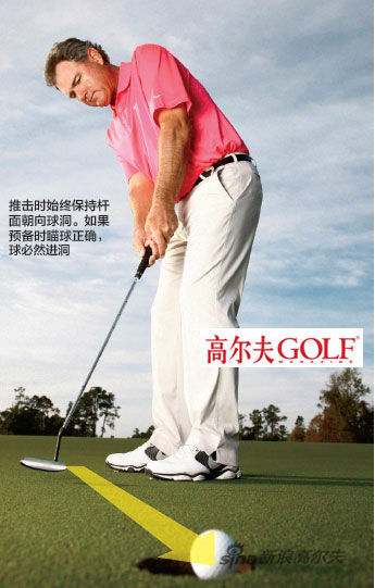 推擊時始終保持桿 面朝向球洞。如果 預備時瞄球正確， 球必然進洞